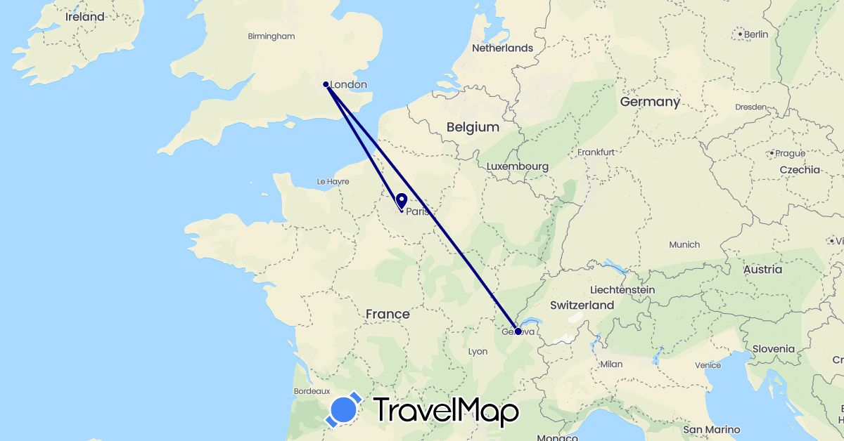 TravelMap itinerary: driving in Switzerland, France, United Kingdom (Europe)